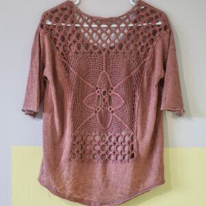 Boho Crochet Open-Back Quarter Sleeve- Mauve, Small, Urban Outfitters